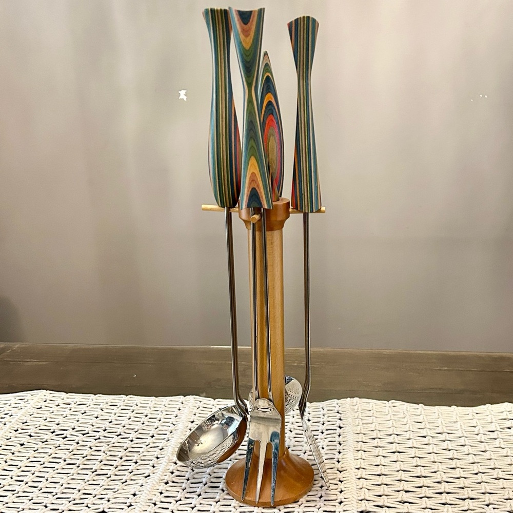 Creazioni in Legno Valtellina Multicolor Wooden Handle Utensil Set with Stand